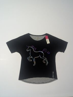 Total Girl Girls Black Sequin Unicorn Short Sleeve Top